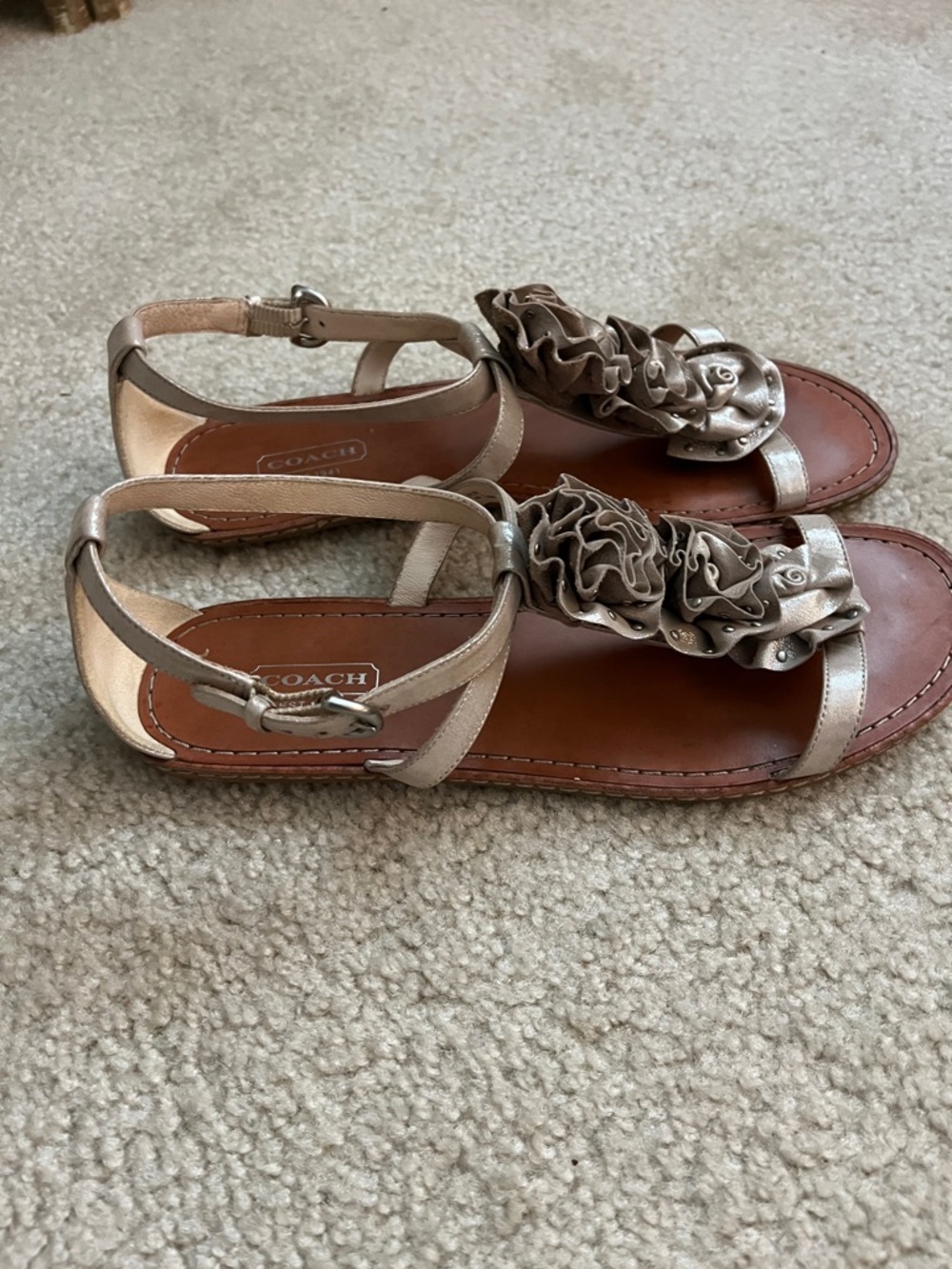 Coach Metallic Rose-Embellished Tan Leather T-Strap Sandals - Picture 2 of 6